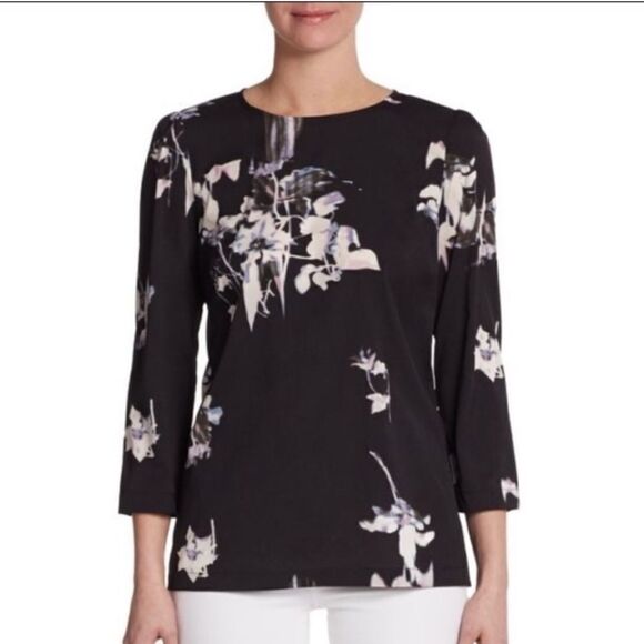 French Connection Black Waterflower 3/4 Sleeve Top Size 8 - Picture 1 of 6